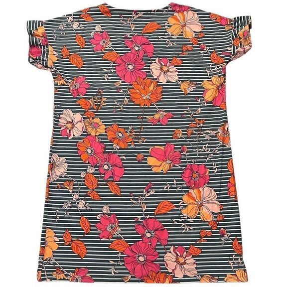 LANDS’ END Floral T-Shirt Dress Ruffle Sleeve Orange Pink Gray Green Size Large - Picture 5 of 8